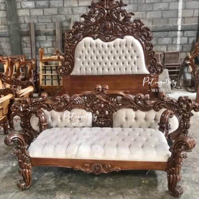 Ranjang Dipan Tempat Tidur Bagong Kayu Jati Solid Plus Kursi Stool
