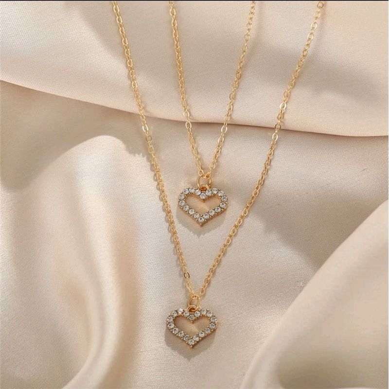 Kalung Wanita Rantai Gold Bandul Love Motif Double Love Manik / Kalung Wanita Panjang Motif Love Ban