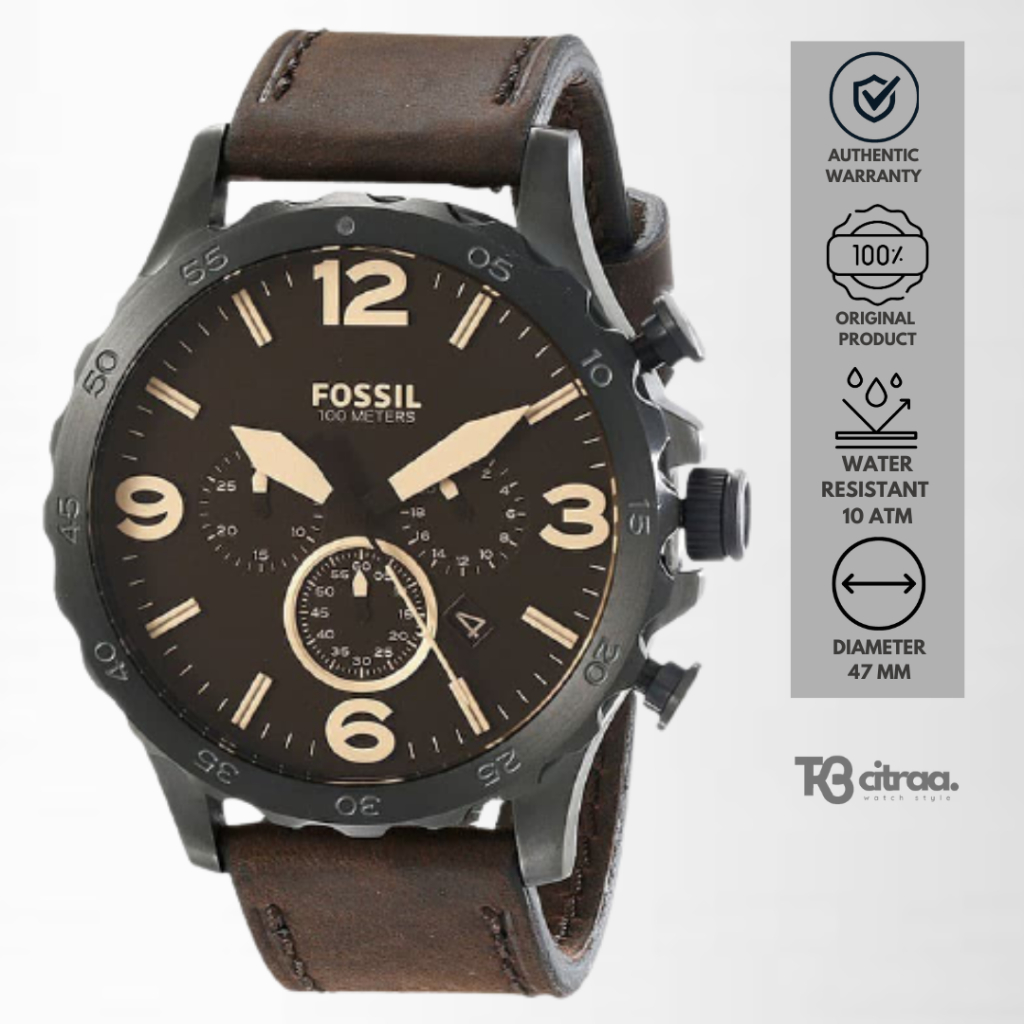 jam tangan fashion pria fossil men Nate analog strap kulit cowok chronograph brown leather water resistant sporty original JR1487