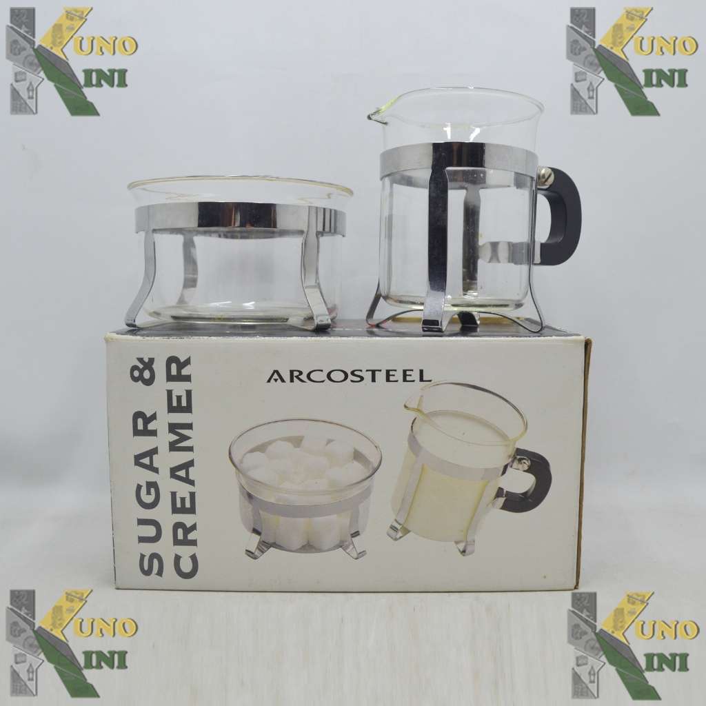 

SUGAR AND CREAMER GLASS & CHROME FOOTED SET ARCOSTEEL, New - 2 pcs