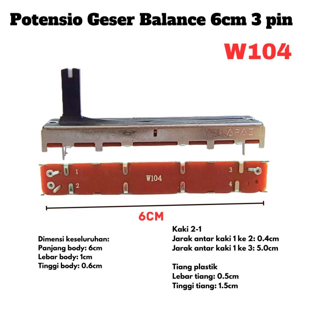 Potensio Geser Balance 6cm 3 pin W100K Mono Kaki 2-1 Slide 6 cm Mixer W104