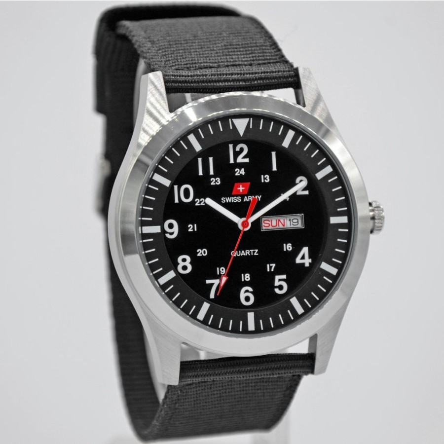 Jam Tangan Pria Swiss Original Army SA1881 Hari Tanggal Bahan Canvas - Black Ring Putih