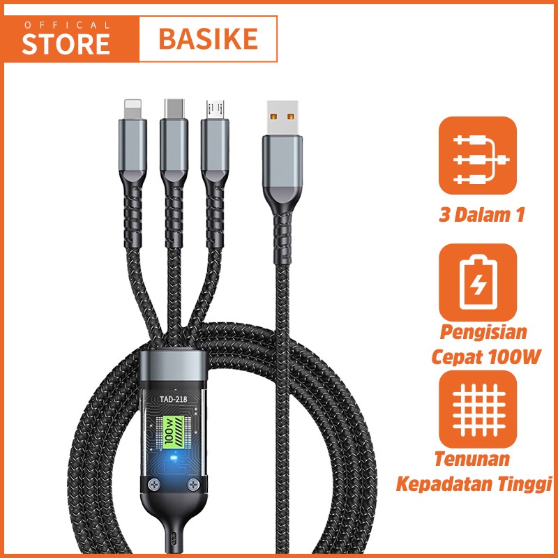 BASIKE Kabel Data Fast Charging 100W 3IN1 Lightning Type-C Micro USB Anti Tekuk Transfer Data 480Mbp