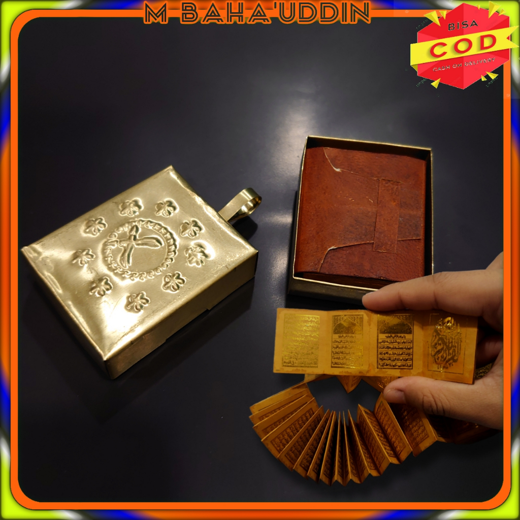 Stambul Al Qur'an lipat/oloran tinta emas wadah bandul kuningan