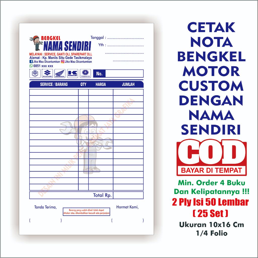 

NOTA CUSTOM Bengkel Motor Free Desain 2 ply Nama Sendiri Min. order 4 buku rahmat jaya grafika