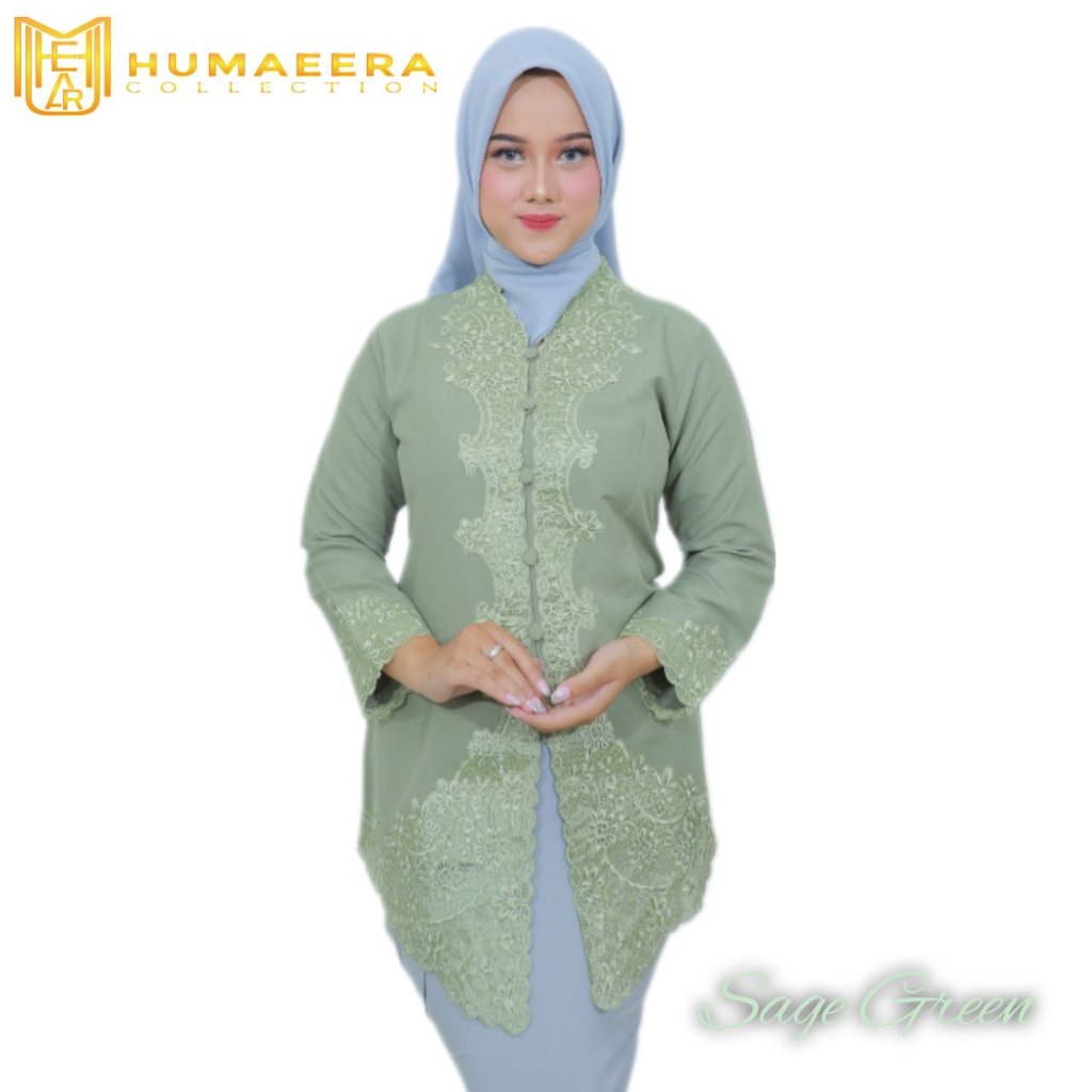 Kebaya Encim Bordir Warna Hijau Sage Tangan Panjang Motif Bunga Sahroni