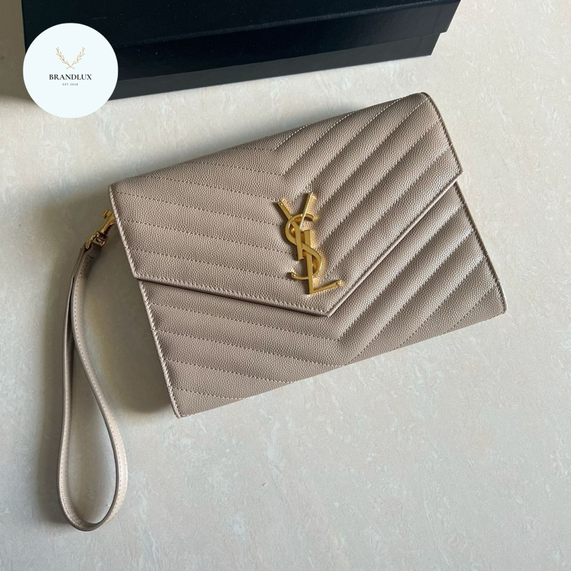 YSL monogram clutch with wristlet in dark beige ghw