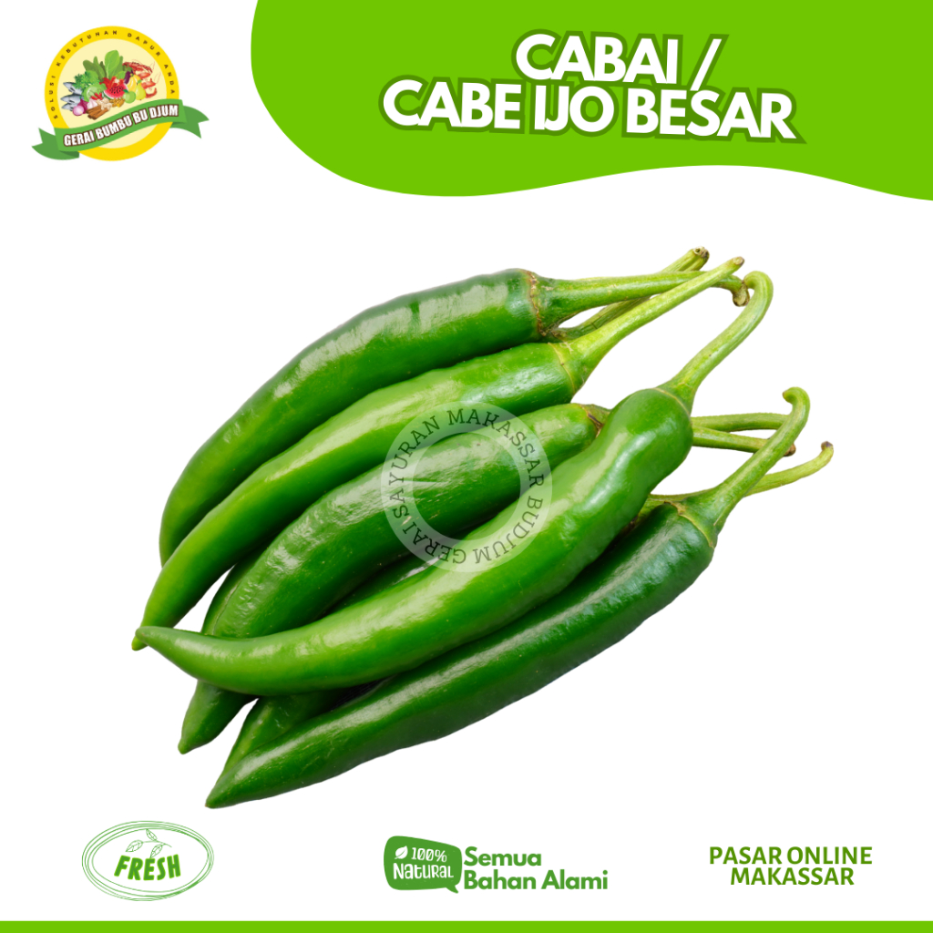 

Sayur Sayuran CABAI HIJAU BESAR CABE IJO 250GR segar Fresh Kebutuhan Pokok Sayuran Online Makassar