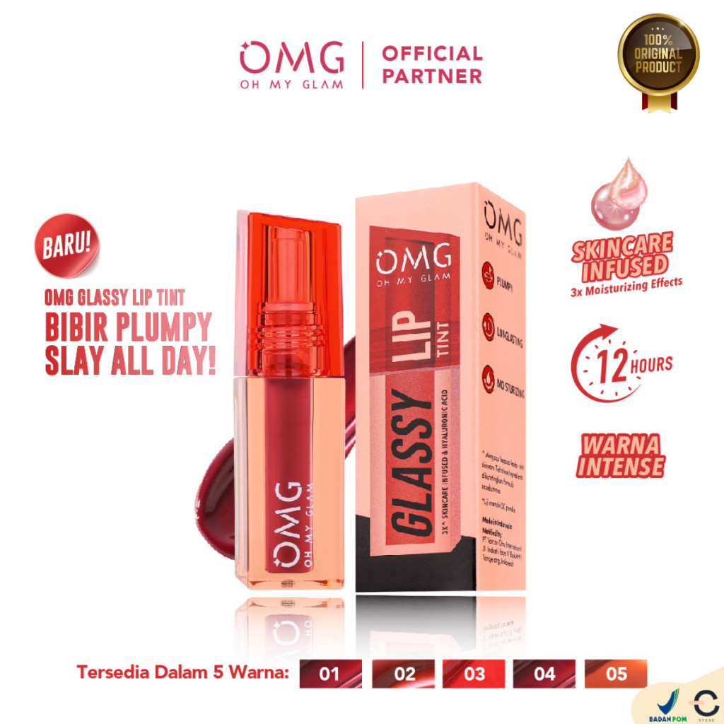 OMG OH MY GLAM Glassy Lip Tint 2g Lip Tint Warna Intense Tahan 12 Jam, Skincare Infused | OMG Glassy