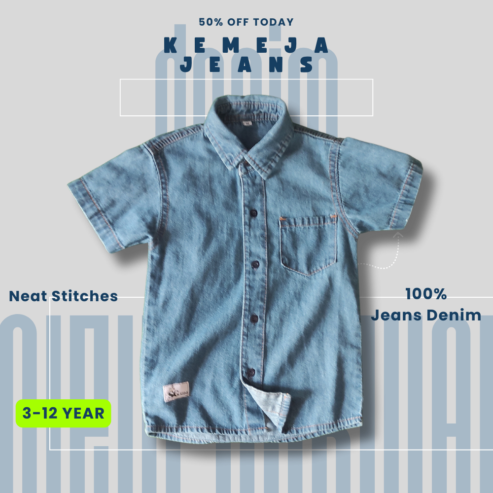 Baju Kemeja Denim Jeans Anak Laki Laki Cowok Keren Terbaru Umur 6-12 Tahun Premium