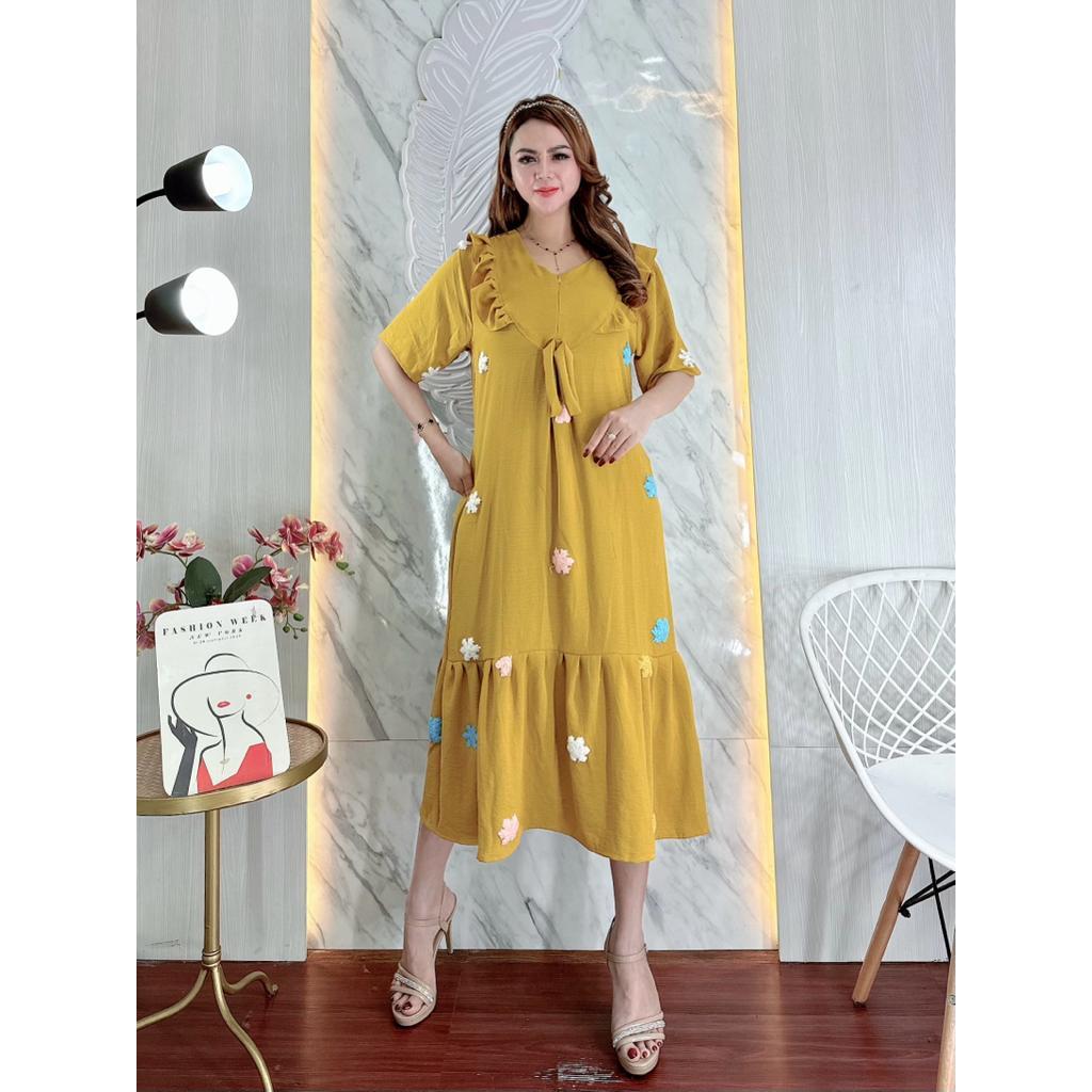 Daster PomPom Bahan Crinkle Airflow Motif Bunga Model Laura Ruffle Rempel Bawah Dress Busui Resletin
