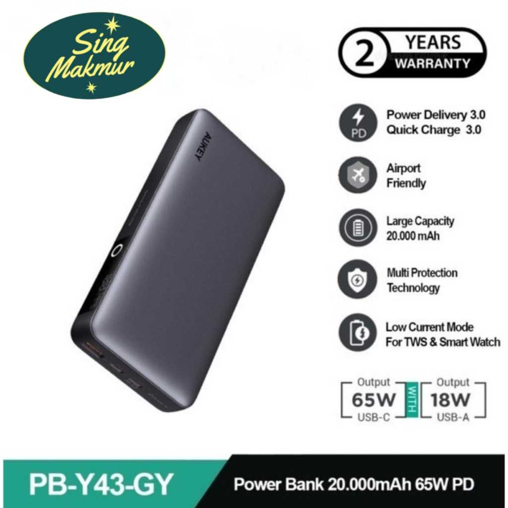 AUKEY Power bank Laptop / smartphone 20000mah PB-Y43-GY USB C 65W PD 3.0 Slim