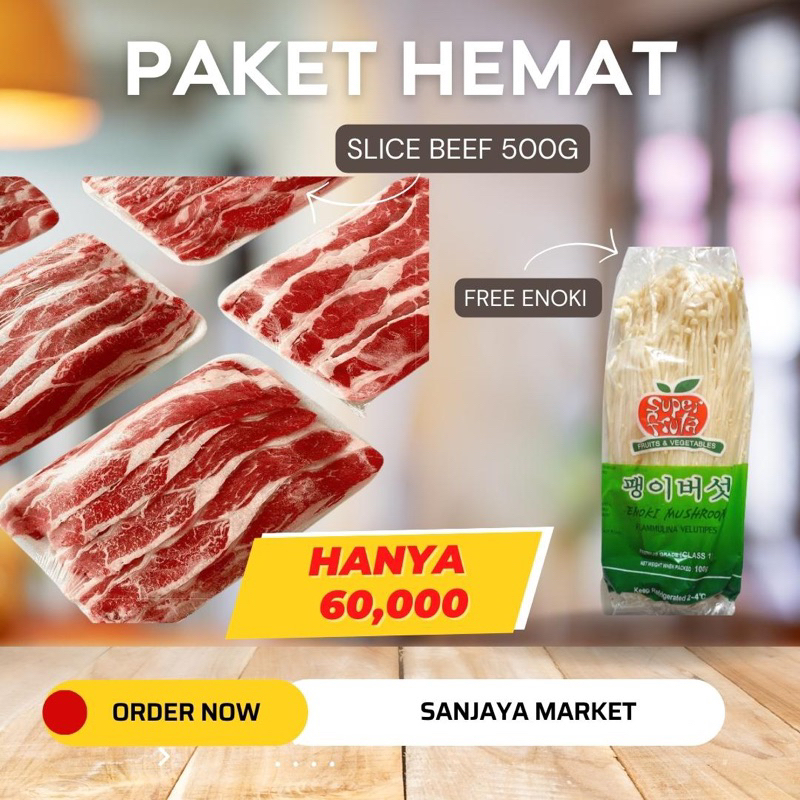 

PAKET HEMAT SLICE BEEF 500GR FREE ENOKI BEEF ENOKI ROLL