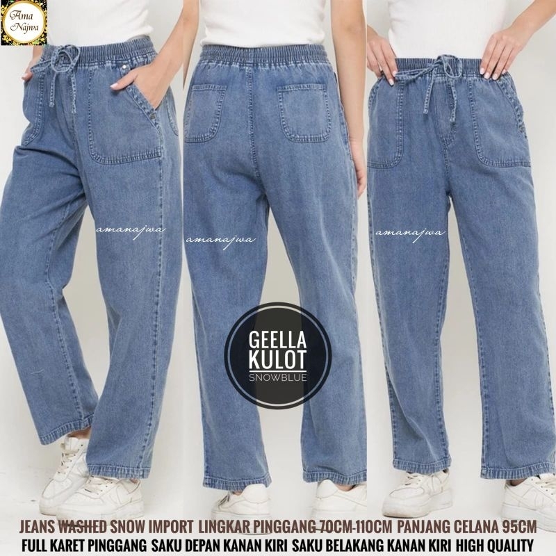 Geela Celana Kulot Polos Wanita Jeans Import Lp 70-110 Jumbo Fit XXL Pinggang Karet By Amj