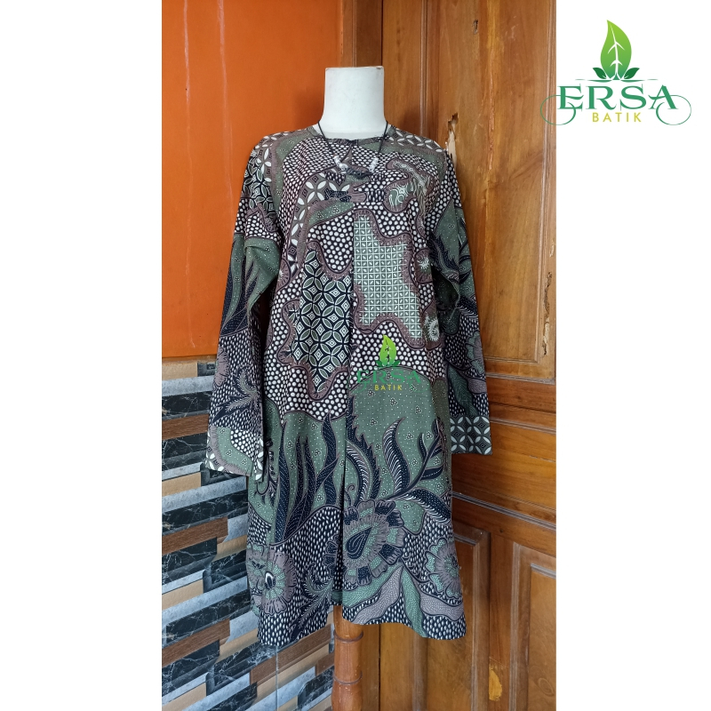 BATIK ERSA - Tunik Batik Wanita Modern Motif LEMBAYUNG Hijau Sage Lapis Tricot Bahan Katun Premium