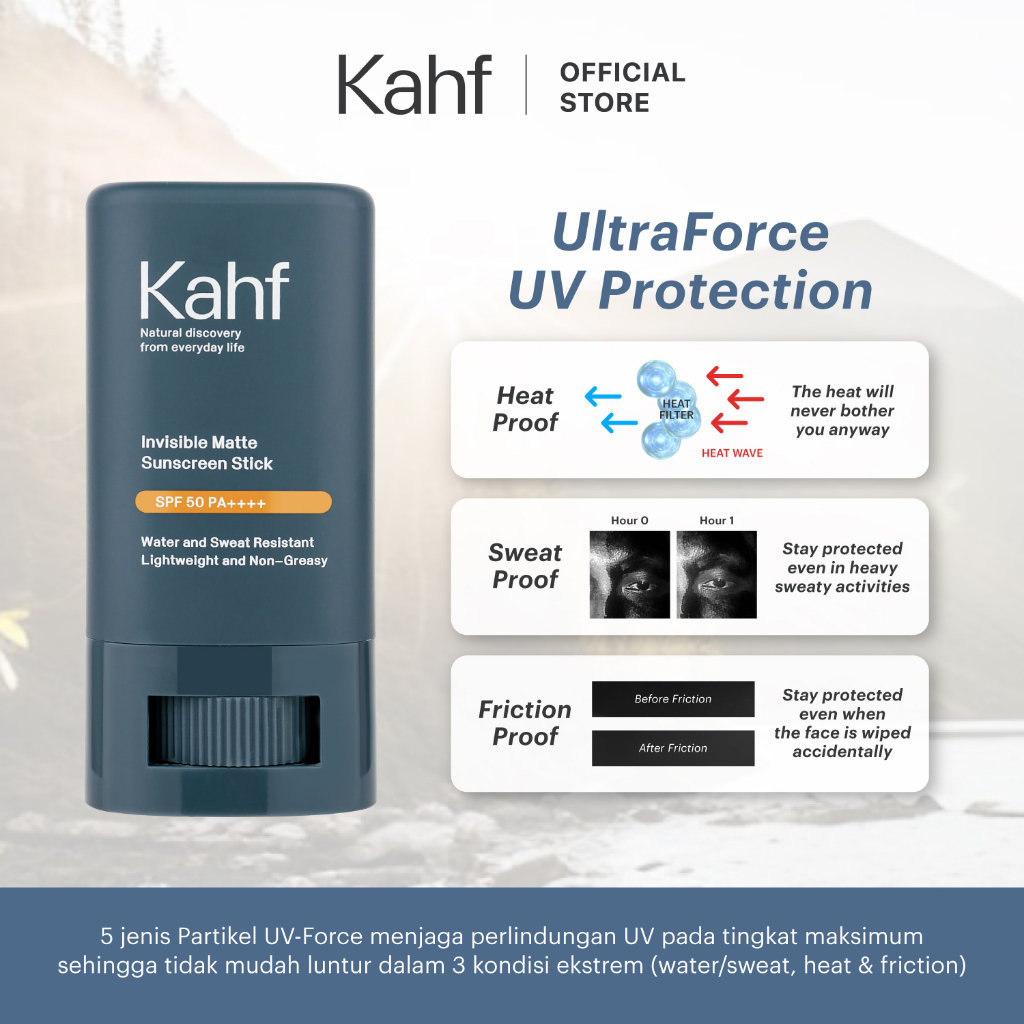 Kahf Triple+ Protection Sunscreen Moisturizer SPF 30 PA+++ 30 ml - Perawatan Wajah Sunscreen Cream Pria | Kahf Invisible Matte Sunscreen Stick SPF 50 PA++++ 22 g - Perawatan Wajah Sunscreen Stick Matte Pria
