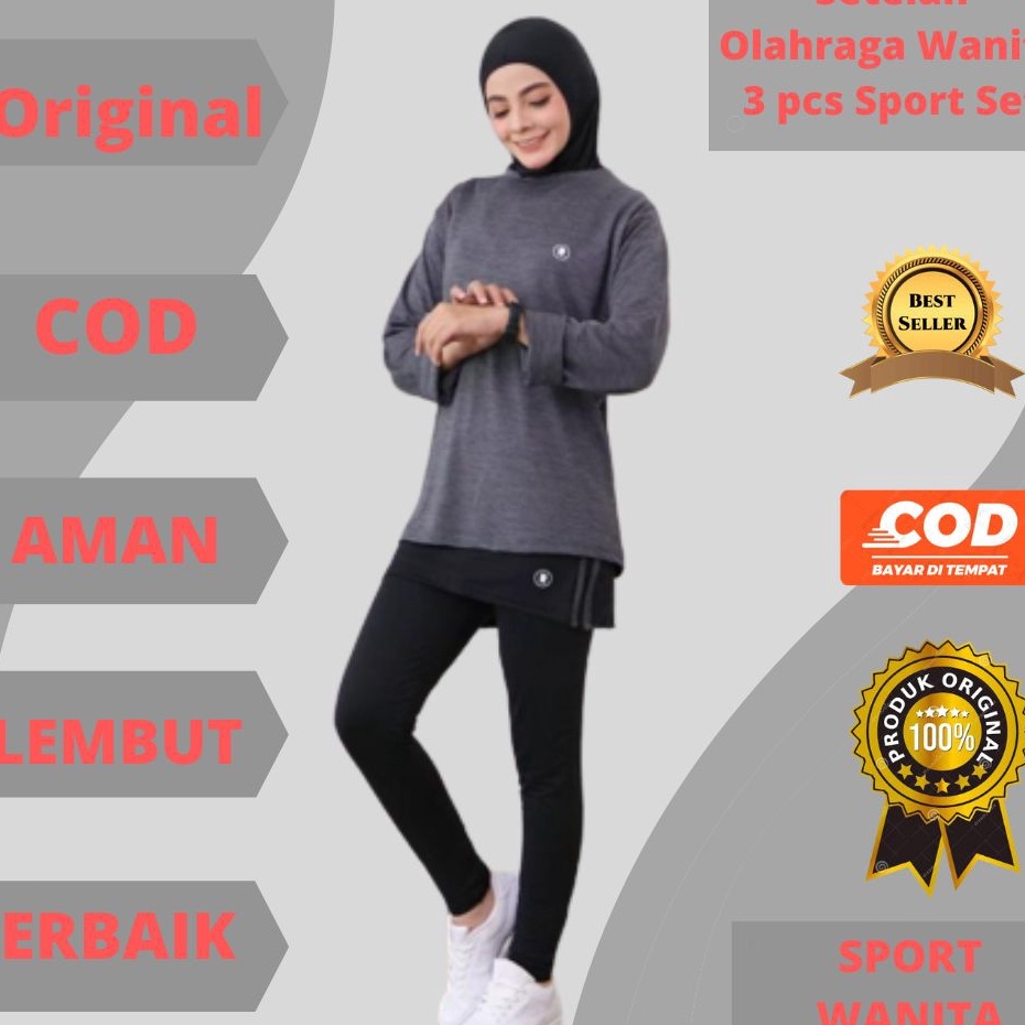 ☊✵ Setelan Set Baju Sport Olahraga Wanita Hijab Muslim Muslimah Kekinian 3 Pcs ( Hijab, Baju dan Rok