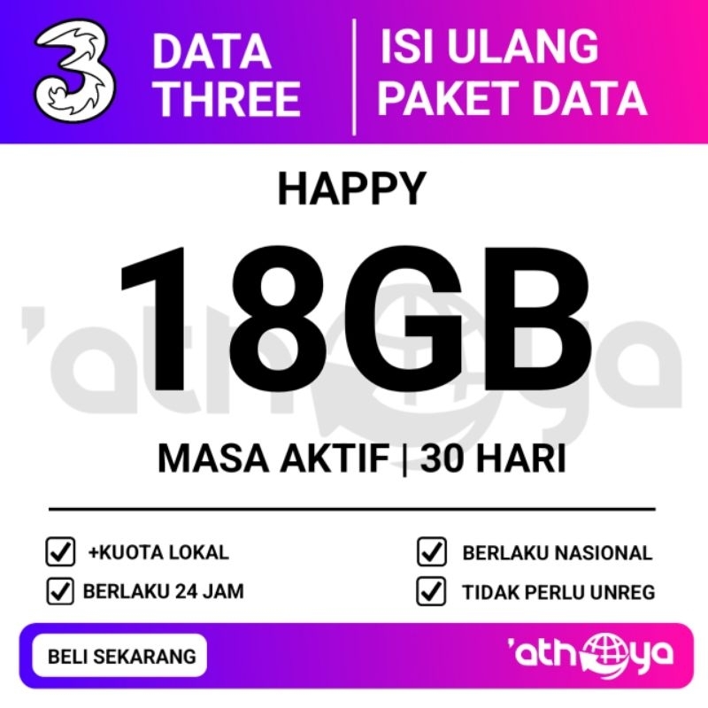 KUOTA 3 TRI 18GB 30 HARI HAPPY Paket Data tri