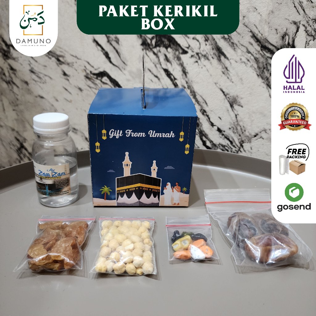 

Paket Oleh Oleh Haji dan Umroh box Air Zamzam ori + Kismis Golden + Kurma Khalas + Coklat Kerikil