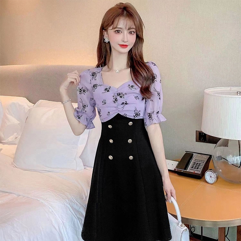 Gaun Sifon Mosaik Lengan Pendek Retro Perancis Baru 2023/dress korea