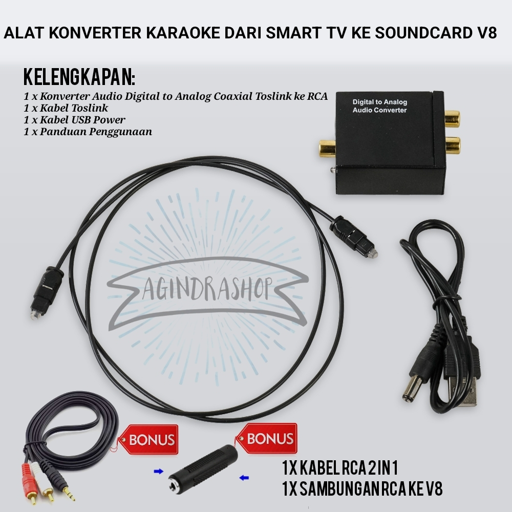 Alat Konverter Audio Digital ke Analog Coaxial Toslink Penyambung SMART TV ke Soundcard V8