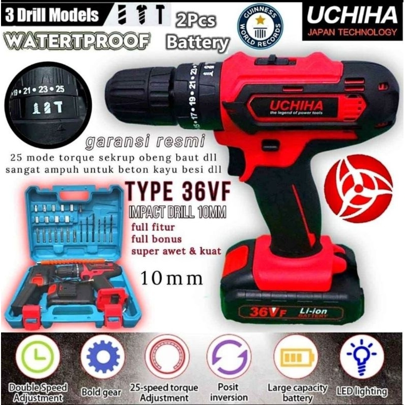 mesin bor cordless UCHIHA 36 vol baterai cas charger tanpa kabel obeng orginal