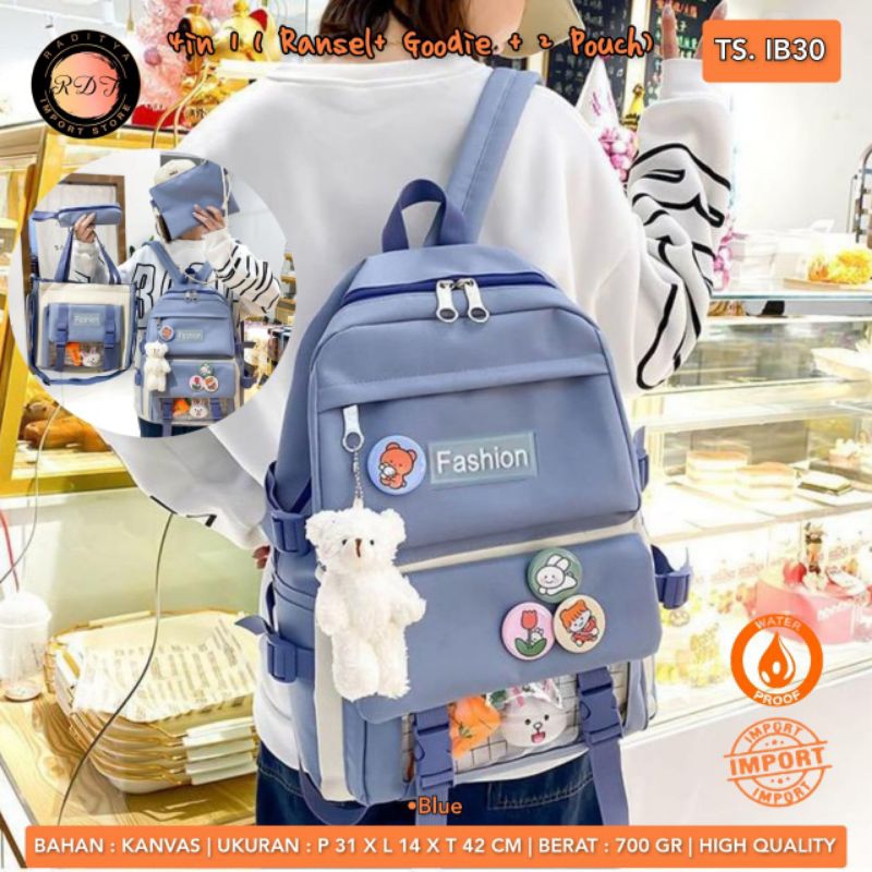 Tas Ransel Import bahan Kanvas 4 in 1 (Ransel+Goodie+2 pouch) original by RDT