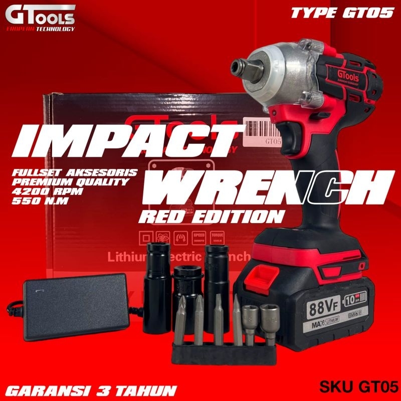 impact wrench 88V GTOOLS GT05 facelift mesin pembuka baut ban mobil motor CVT baterai Red Season