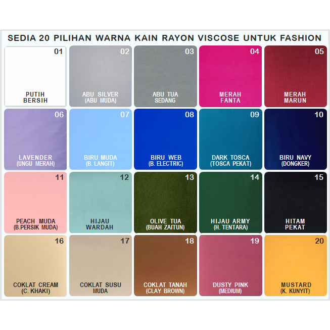 KAIN RAYON VISCOSE Produk PT Kahatex (Grade “A” - 20 WARNA), Bagus untuk Pakaian / Fashion Wanita, S