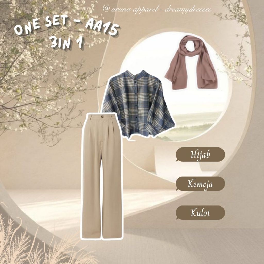3in1 One Set Kemeja Wanita Kemeja Cargo One Set Hijab Ootd Setelan Anak Perempuan Kekinian Set AA15