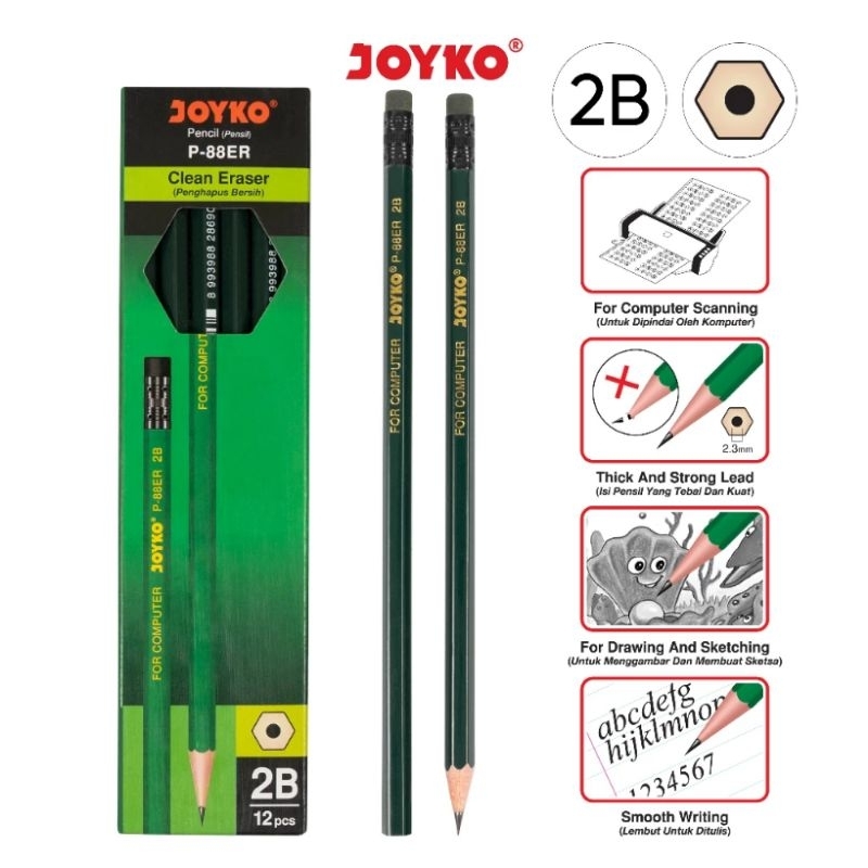 

PENSIL JOYKO HIJAU 2B P-88 ER / pensil komputer / pensil ujian