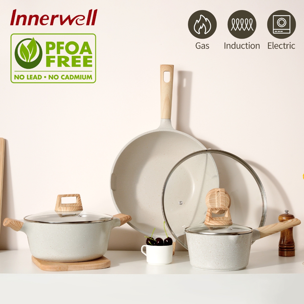 Innerwell Granit Putih Antilengket Peralatan Masak Dapur Anti lengket Casserole/Saucepan/Wajan Wok/U