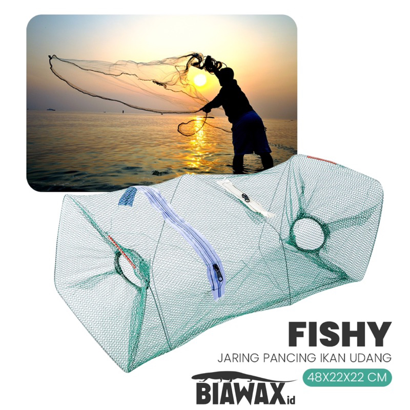 FISHY Jaring Pancing Ikan Udang 2 Lubang Fishing Net 48x22x22 cm Payung Bubu Alat Memancing Jebakan 
