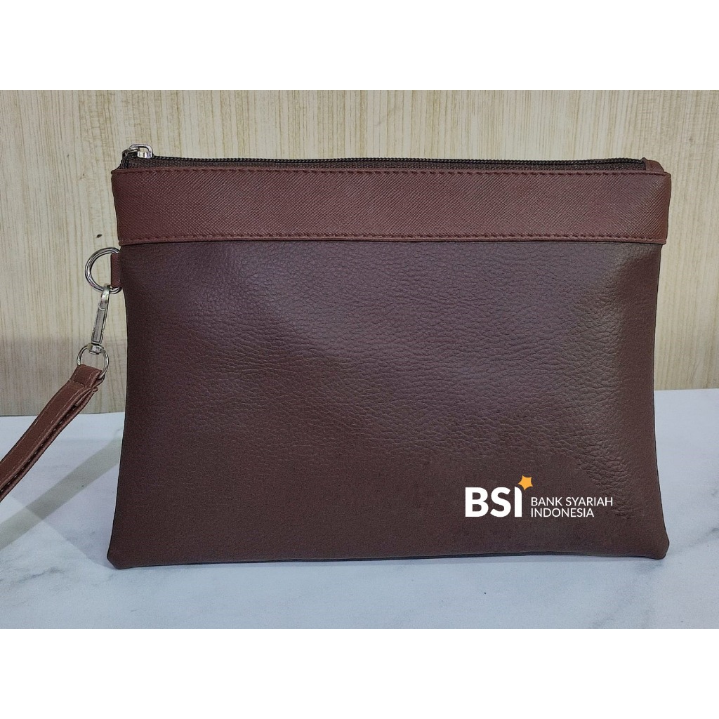 Handbag V2 Full Coklat Custom Motif BSI SYARIAH INDONESIA / Dompet Kulit Premium / Tas Tangan Pria W