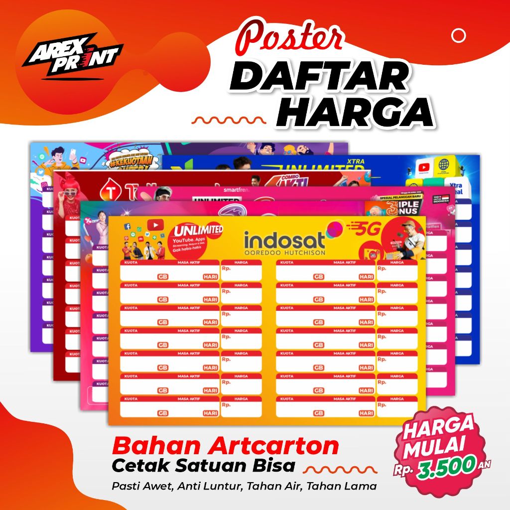 Poster Daftar Harga Paket Data / Poster Konter Harga  Kuota Data / Harga Voucher Konter