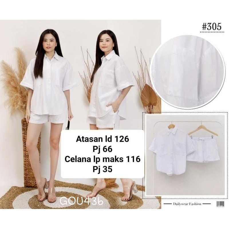 GOU436 Setelan Wanita Jeans Denim Atasan LD126 full kancing celana pendek full karet jumbo white put