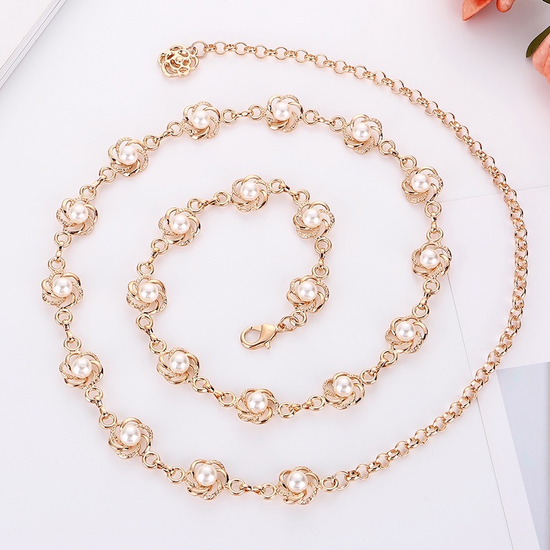 Rantai Pinggang logam Belt Rantai Motif Bunga Mutiara Branded Fashion Gesper Wanita Women Belt