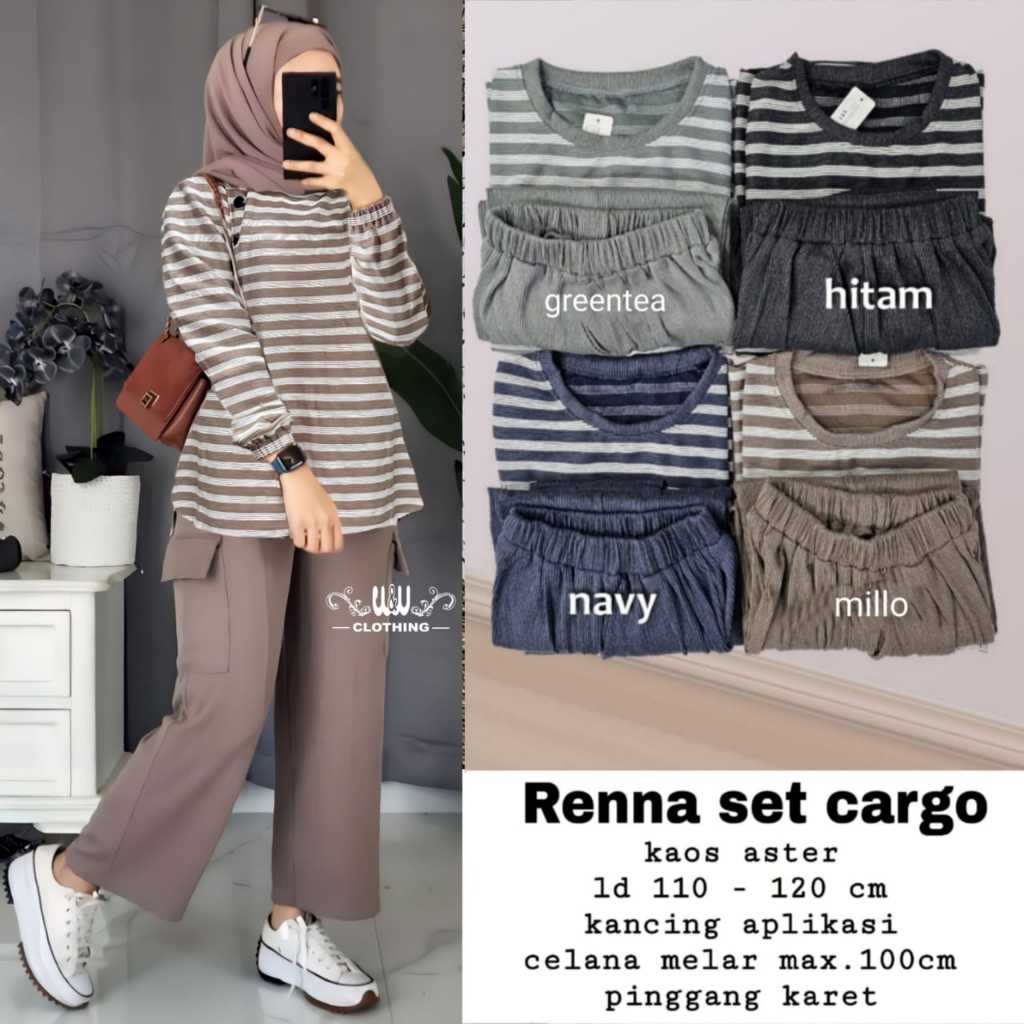 kaos aster renna set cargo kancing aplikasi