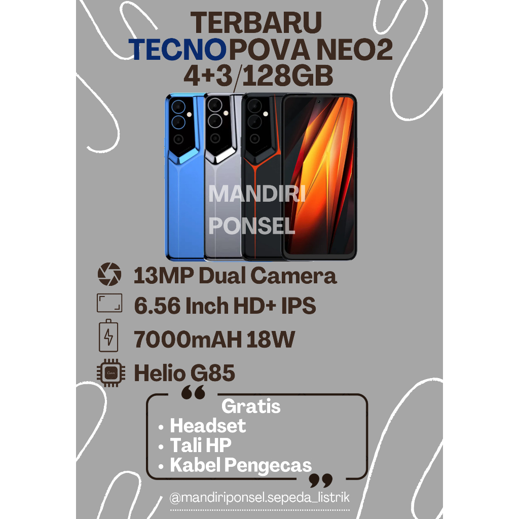 TECNO POVA NEO 2 RAM 7 (4+3 EXTEND/128GB) GRATIS HEADSET, TALI HP dan KABEL PENGECAS
