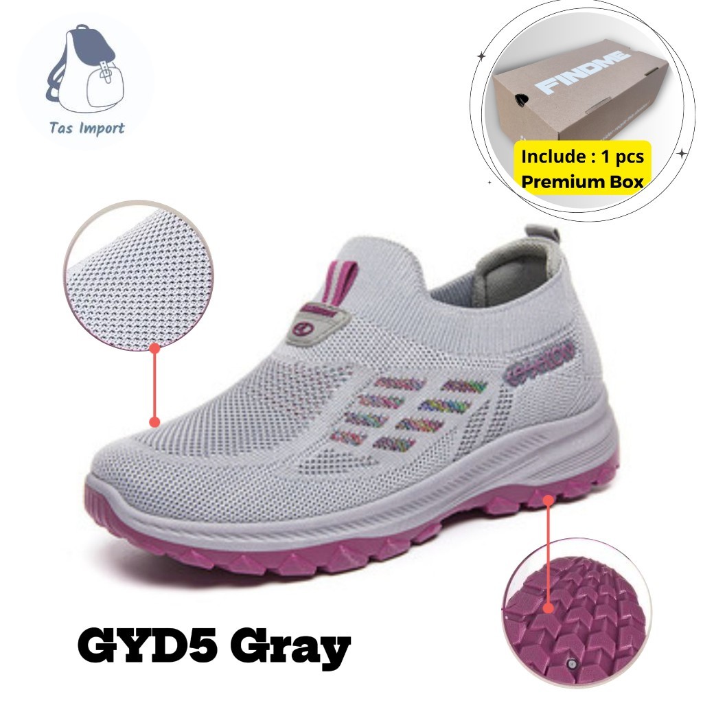 TIS - Sepatu Sneakers Wanita Simple Tanpa Tali Ringan Olahraga Running Senam Polos Slip on Bahan Fly