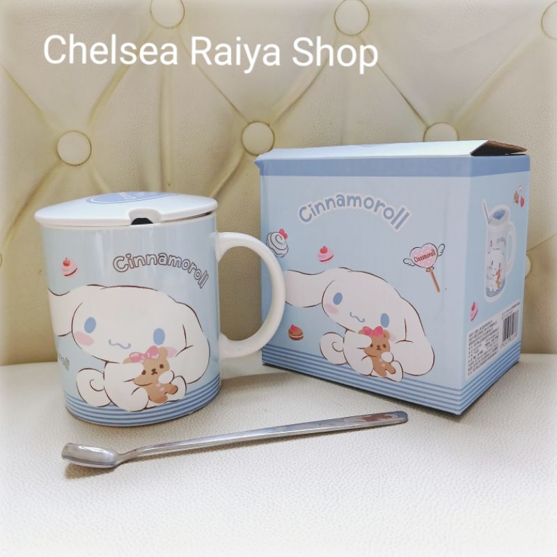 Gelas Tutup Keramik + Sendok Sanrio Cinnamoroll Bear 300ml Cinamorol Cinamoroll Cinnamonroll Kawaii 