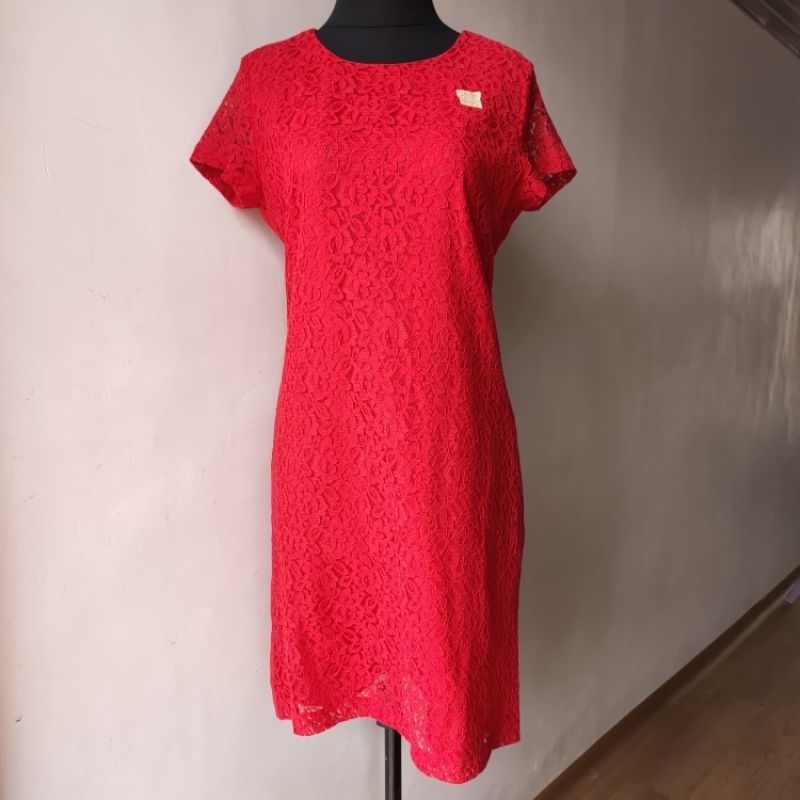 PRELOVED PROMO midi dress Casual Wanita Natal Imlek Sangjit Merah Brukat Premium brand The 3xecutive