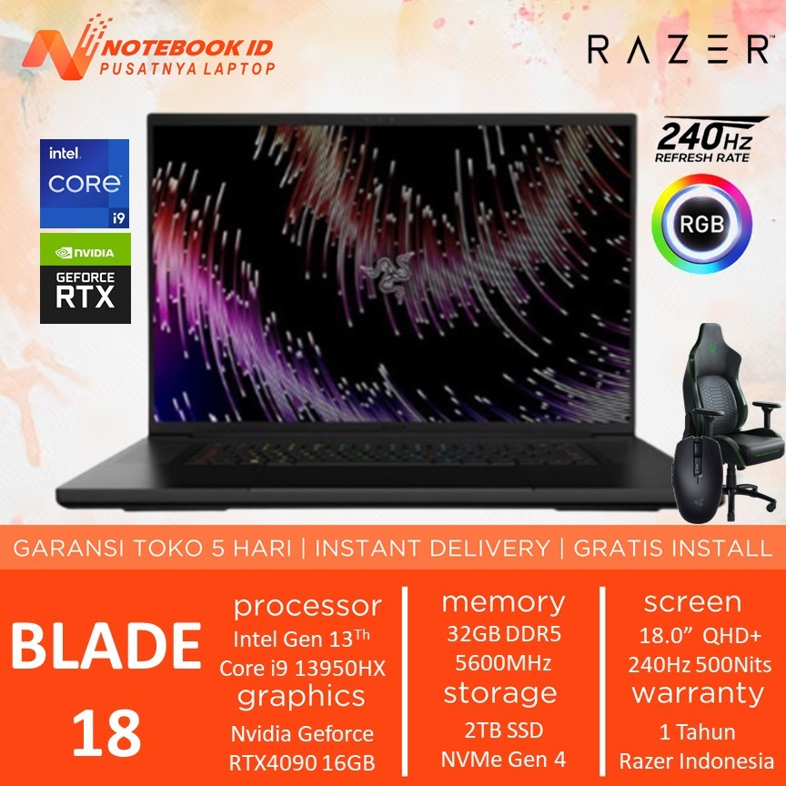 Laptop Razer Blade 18 Core i9 13950HX RTX4090 Ram 32GB 2TB SSD Win 11 18" QHD+ 240HZ TGP175 Black