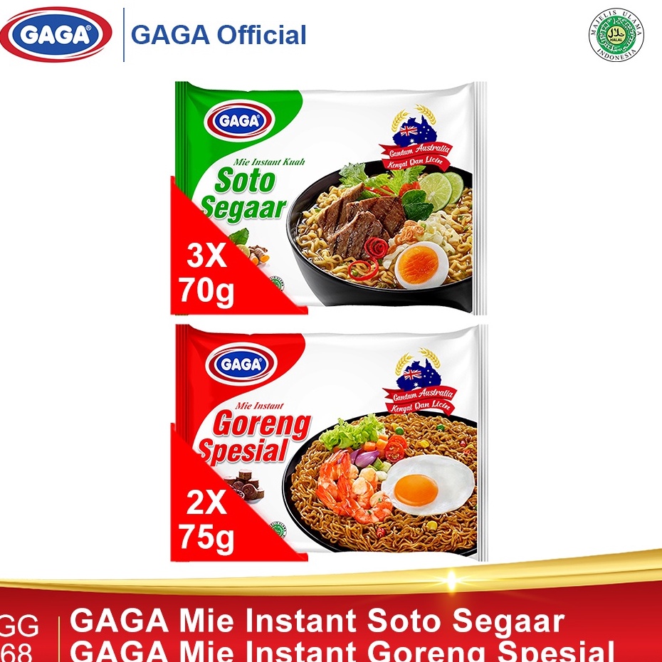 

Yang Terbaik GAGA Mie Soto Segaar 70g 3pcs, GAGA Goreng Special 75g 2pcs (GG68)