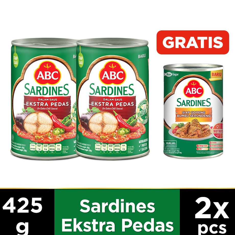 

Serba diskon ABC Sarden Extra Pedas 425g 2pcs (Free Sarden Siap Goreng Bumbu Serundeng 155 g)