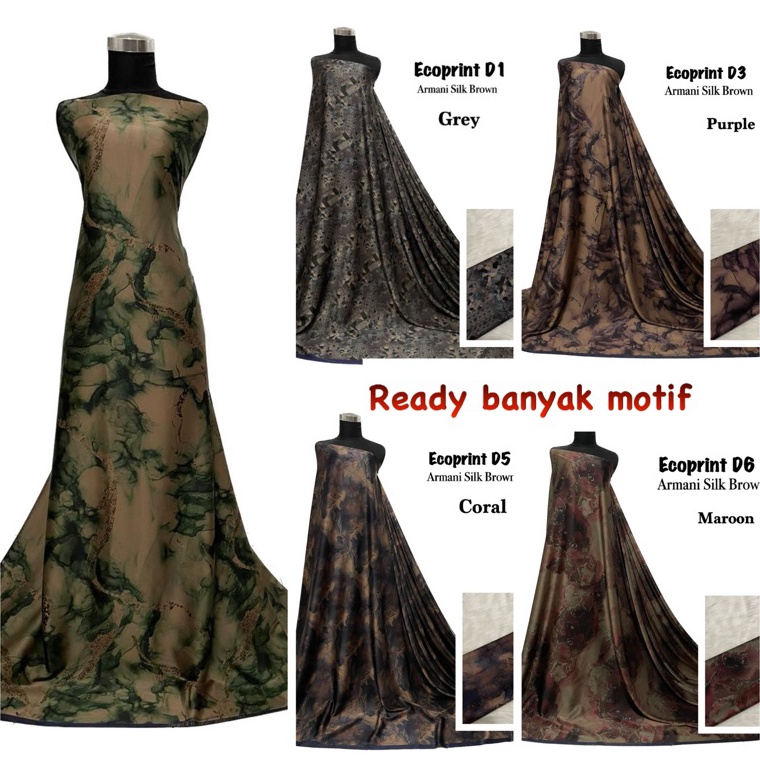 Bahan Kain Armani silk brown ecoprint mewah / armany silk abstrak / kain silk meteran gamis mukena