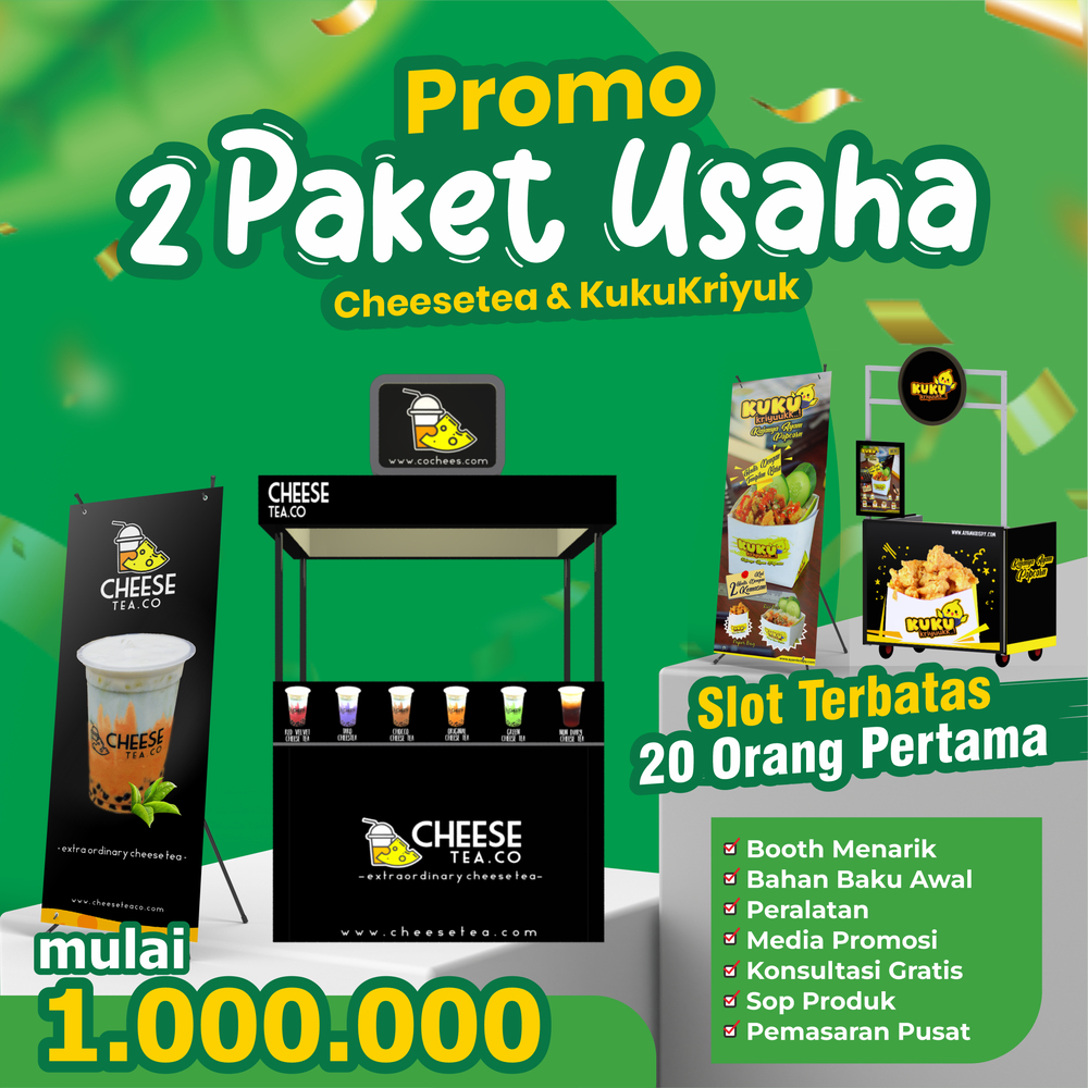 

Paket Usaha Franchise Es Teh CHEESE TEA & Ayam Popcorn KUKU KRIYUUUK Anti Rugi