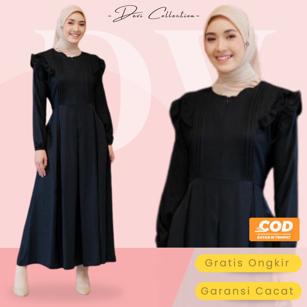Gamis Ruffle Syari hitam Polos Crinkle Airflow Premium Wanita Muslim untuk Ibu Ibu & Remaja Dewasa T