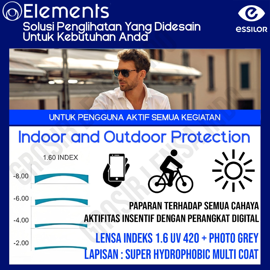 Lensa Essilor Elements kacamata Photocromic anti blueray index 1.6 by Essilor