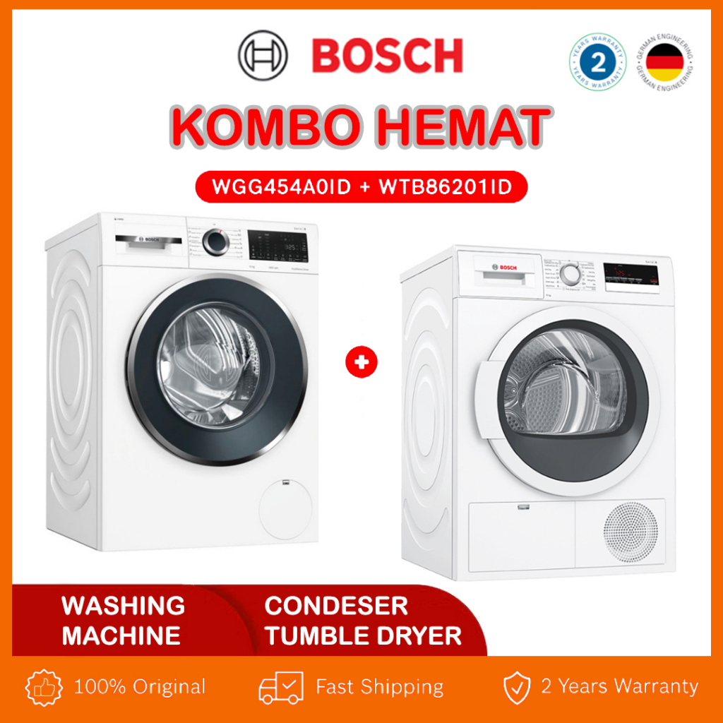 [KOMBO HEMAT] Bosch Mesin Cuci Bukaan Depan WGG454A0ID Serie 6 + Mesin Pengering Pakaian / Condenser Tumble Dryer WTB86201ID